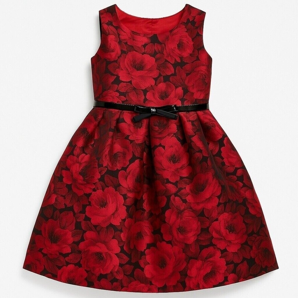 Childrens Palace Girls Dressā 12 Burgundy Red Jacquard Floral Holiday Party NWT